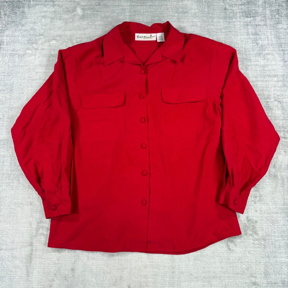 Peter Martin Shirt Womens Medium Red Silk Button Down Loop Collar Blouse